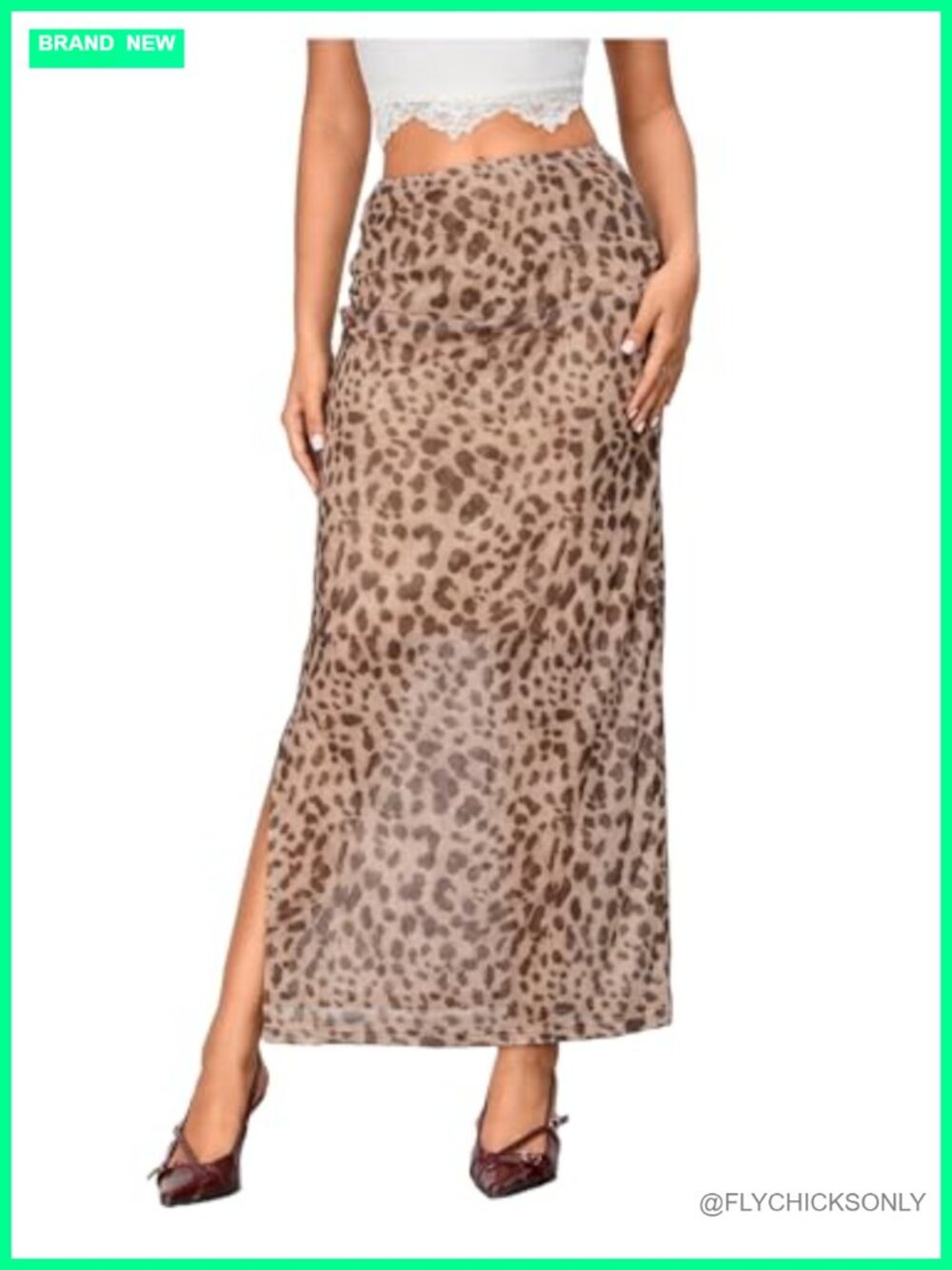 Women's Leopard Print Mesh Skirt Ruched Split Thigh Low Waist Maxi Skirts